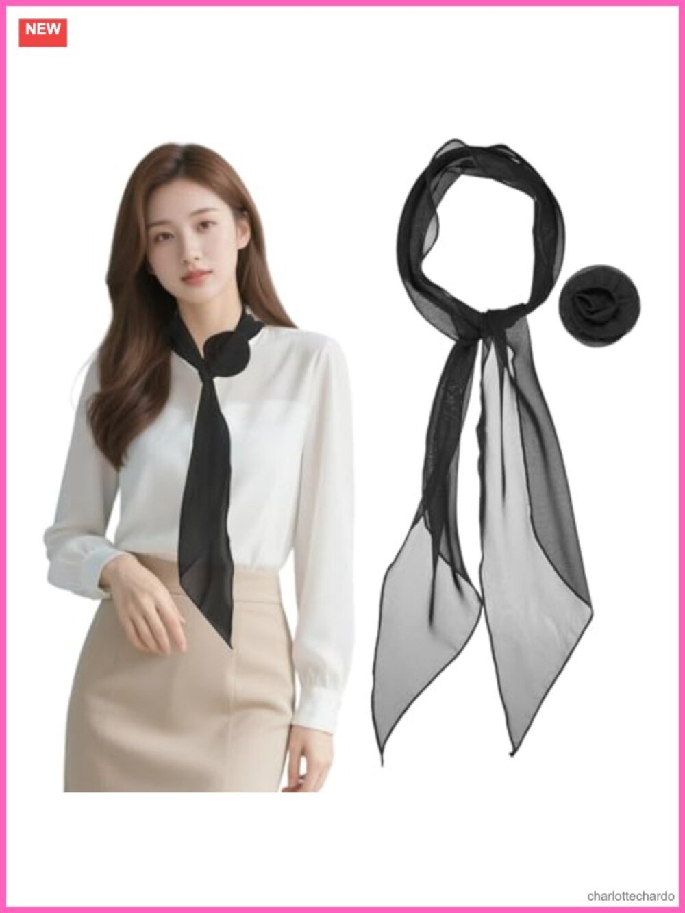 Chiffon Scarf Long Skinny Neckerchief Detachable Rose Flower Hair Ribbon